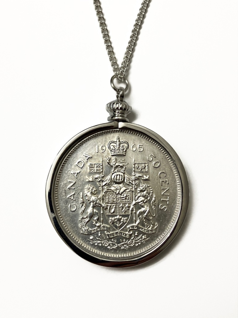 Authentic SILVER Half Dollar Coin Necklace, 1965 Canadian 50-Cent Coin